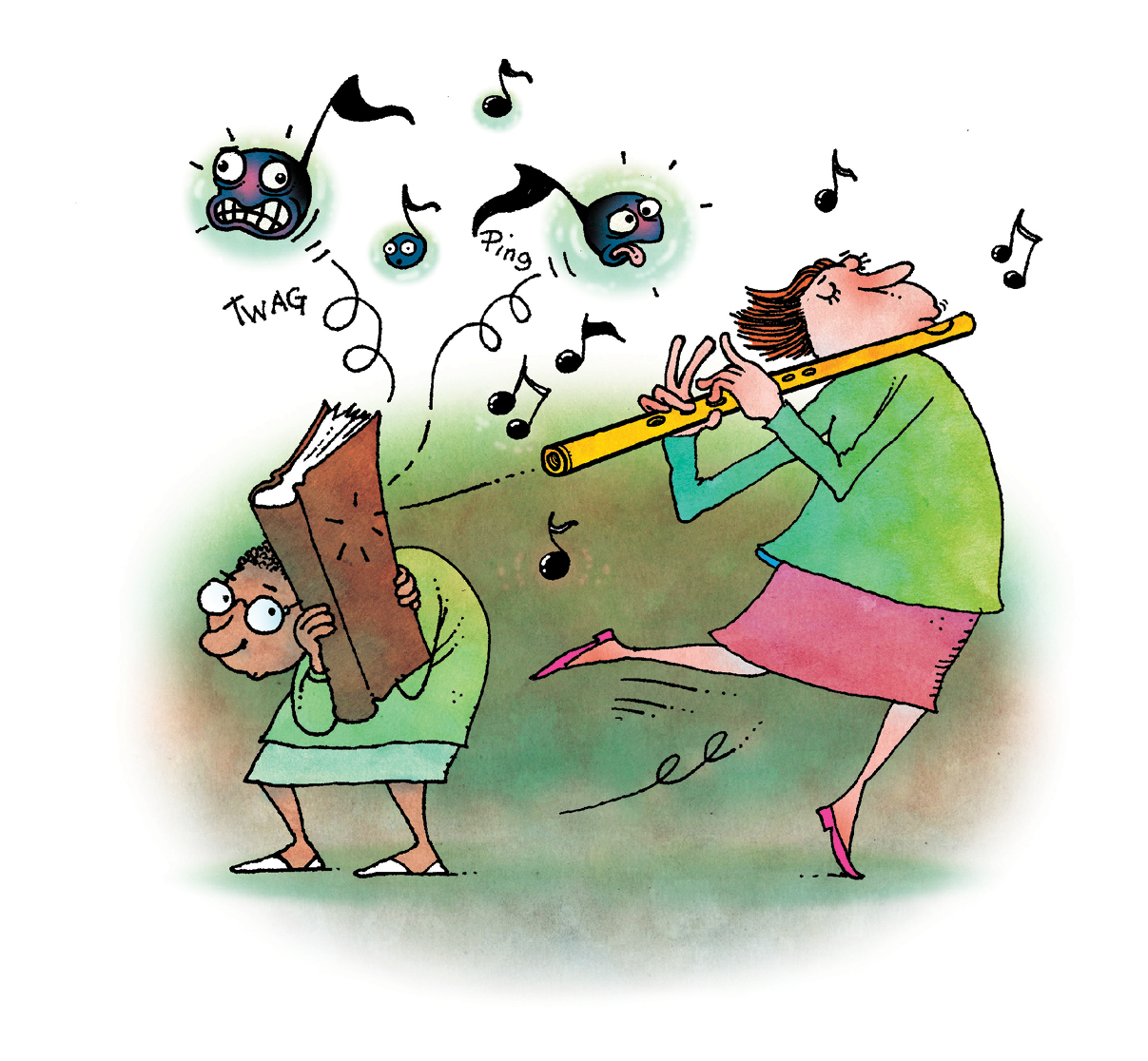 An illustration of a Black woman hiding behind a book while a white woman plays a flute that has music notes hitting the book